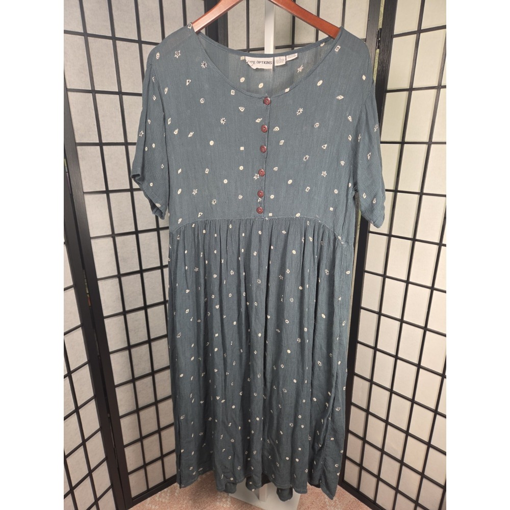 Vintage‎ 90s Cute Options Crinkle Rayon Dress S Boho Whimsigoth Celestial Teal